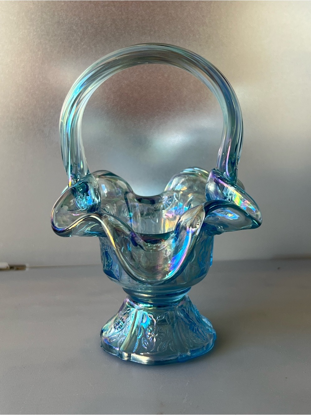 Fenton Art Glass Mini Basket in Blue Opalescent Carnival Glass